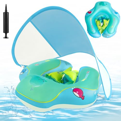 XUNIVERS Flotador Bebe con Sombrilla,Flotador Inflable Natación Bebés,Anillo de Natación para Bebé con Asiento Seguridad,Flotador de Piscina para Bebé,Flotador Portátil Ajustable para 3-12 Meses
