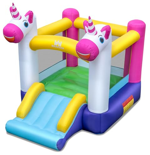 GOPLUS Hüpfburg mit Rutsche, Hüpfschloss in Einhornform mit Sprungbereich, Kinderhüpfburg mit Tragetasche, indoor & outdoor Bouncy Castle, Springburg für Kinder von 3 bis 12 Jahren, 260 x 195 x 219 cm