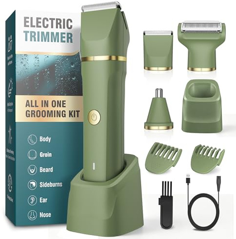 Body Trimmer Men 3 in 1, Pubic & Ball Trimmer Man IPX7 Waterproof, Rechargeable Body Shavers for Men with 2 Combs, Painless Nose Hairs Trimmer for Man,Wet & Dry, Green