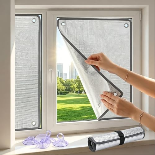 Double-Sided Aluminum Foil Insulation Window Privacy Film, UV Protection Blackout Heat Reflective Window Film for Home, Office, Car, Portable Sun Tint Visor with Suction Cups(Grey,35cm*100cm)