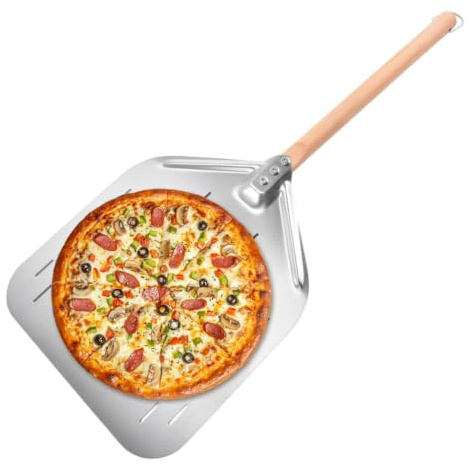 Generico Pour pizza de 30 cm en acier perforé | Avec manche en bois pour la cuisine, les gâteaux, le grill, la famille, l'extérieur, la pâte et le pain