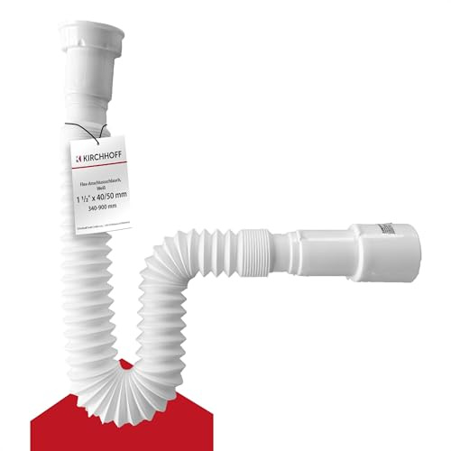 KIRCHHOFF 98836948 Flexibler Siphon 1 1/2 x 40/50 mm weiß, Länge flexibel ausziehbar 340-900mm, Ablaufschlauch mit biegsamem Ablaufschlauch, Waschbeckenablauf aus Kunststoff fürs Badezimmer