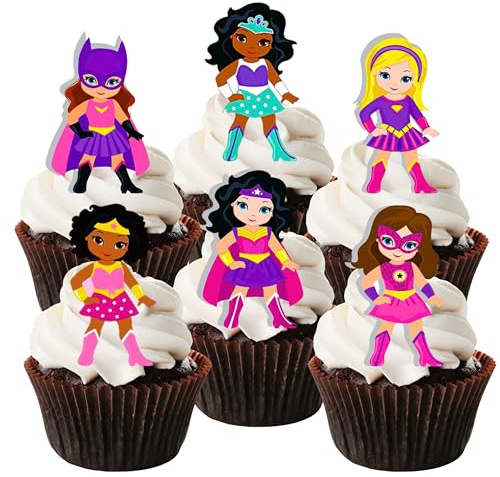 Superhero Girl Pink Superhelden Mädchen Rosa Thema #2 Edible Cupcake Toppers - Stand Up Wafer Cake Decorations (Packung mit 24)