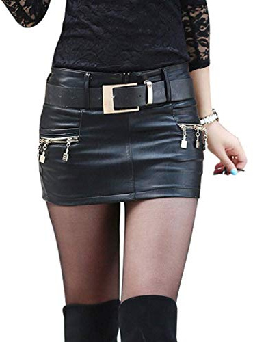 Onsoyours Femme Jupe PU Taille Haute Cuir Mini Court Jupes Sexy décoratif Taille évasée plissée High Street Fashion C Noir M