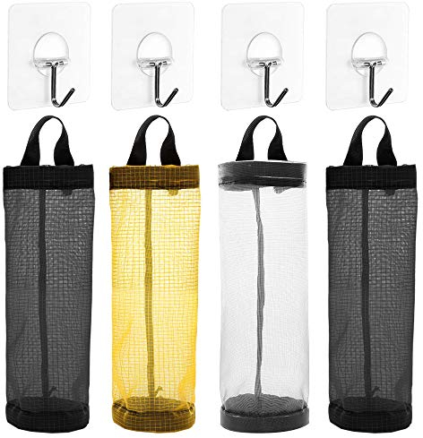 AFUNTA - Soporte para bolsas de plástico, 4 unidades, plegables, transpirables, de malla, organizador con 4 ganchos para el hogar y la cocina, color negro, amarillo y gris