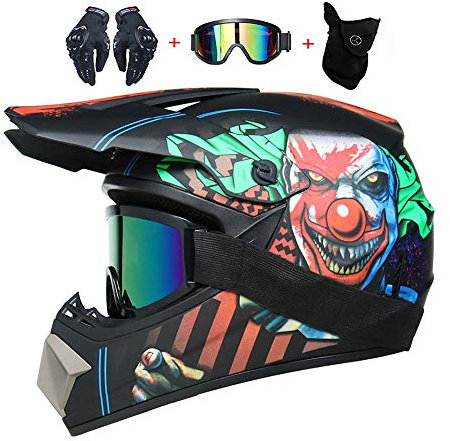 LEENY Casques Motocross, Adultes Enfants Casque Cross Set Casque de Moto avec Lunettes/Gants/Masque, Clown Sticker BMX Casque Intégral Enduro Downhill Quad Moto MTB Casque de Vélo,L(56~57cm)