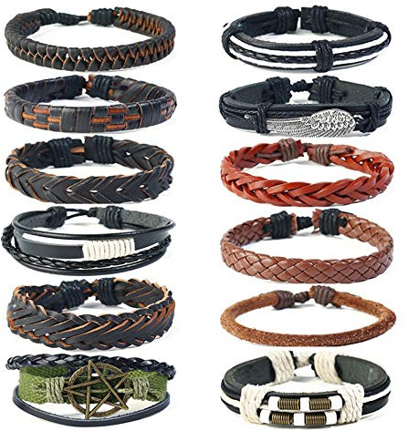 12 Piezas Pulseras Tejidas Vintage, Pulseras de Cuero Trenzado / Pulsera Vintage / Pulseras Hechas a Mano,Conjunto de Envoltura de Cuerda de Pulsera Ajustable,Pulsera Vintage Punk para Hombres Mujeres