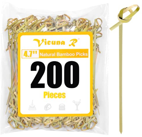 200PCS Cocktail Picks Bamboo Skewers for Appetizers, Fancy Toothpicks for Appetizers, 4.7 Inch Long Decorative Knot Bamboo Cocktail Sticks for Party Drinks Food Fruit Charcuterie Boards Accessories