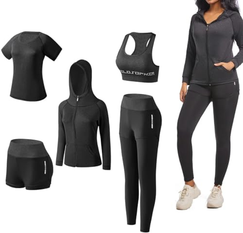ODWTMRK Ensembles de Sport Femme Survêtement 5 Pièce Sportswear Costumes de Sport Gym Yoga Athletisme Fitness Jogging Tenue de Sport (Noir,L)