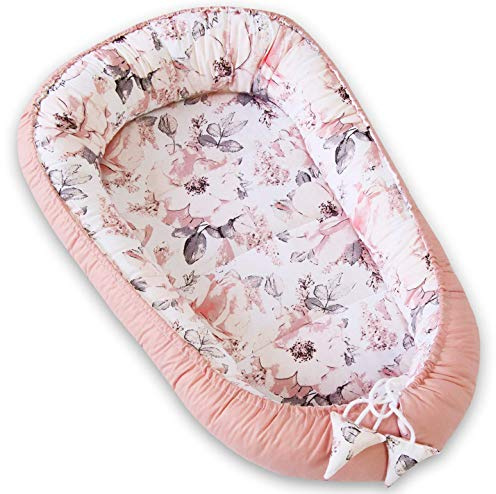 PIMKO Nido de bebé para bebé, nido de peluche de 2 lados, para bebés y recién nacidos, 100% algodón, adecuado para el hogar, 55 x 90 cm, rosa/flores