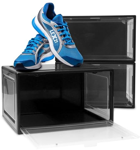 BITUXX LEX21 Schuhbox Stapelbar Aufbewahrungsbox Kunststoffbox Schuhkasten Schuhkarton Schuhorganizer bis Gr.47 (Schwarz, 3er Set)