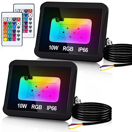 Lospitch 2er 10W RGB Projecteur avec Télécommande, Projecteur Extérieur à Changement de Couleur IP66 Projecteur Étanche, 16 Couleurs 4 Modes, pour Fête Extérieure Halloween Décoration de Jardin