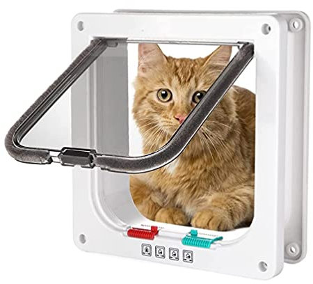 Cat Flap Pet Cat And Dog Door, 4-way Locking Weatherproof Cat Flap Door, Plastic Pet Door With Retractable Frame, For Indoor Outdoor (Color : White, Size : 19X19.8X2cm)