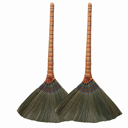 Scopa in paglia intrecciata a mano con manico lungo - Scopa a setole morbide naturali - Scopa per la pulizia da 35 per uso sul pavimento della hall della cucina della casa, confezione da 2