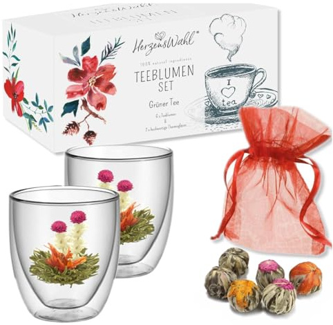 HerzensWahl Teeblumen Geschenkset | 6x Teeblumen, 2x Teetassen & Geschenkbox | Erblühtee | Teerosen Probierset | Grüner Tee & Teegläser Set für Teeliebhaber