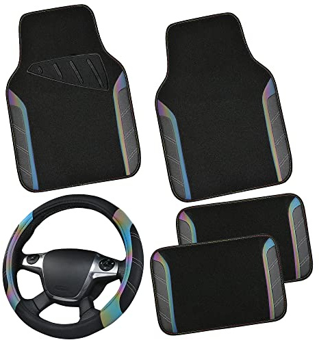 CAR PASS Leder Lenkradbezug und wasserdichte Auto Fußmatten, Mikrofaser Universal Auto Combo passend für 95% LKWs SUVs Autos, 36.8-38.1CM Sportlich Anti-Rutsch Design(Schwarz Reflektierend)
