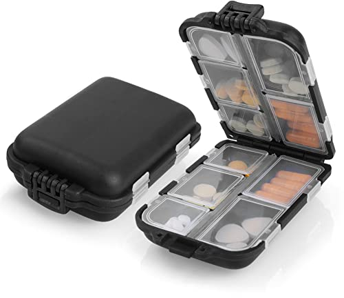 AOOWU Tablettenbox 7 Tage, Pillendose 10 Fächer, Medikamentenbox Klein Handlicher mit Großen Separaten Fächern für Medikamente,Vitamine, Fischöl usw,Tablettenspender für Reise und Tägliches (Schwarz)