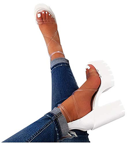Högklackade sandaletter med snörning: Sandaler damer eleganta för fest trattklack sandaler transparenta damskor blockklack bröllop kvällsskor korsade remmar romerska sandaler sexiga sommarskor, Vit, 41 EU