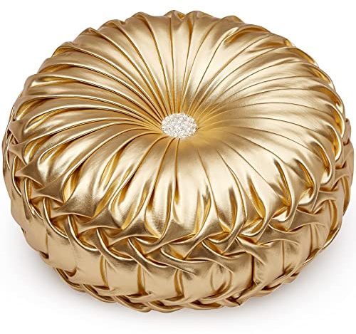 EUCIOR Gold Throw Pillows,Circular Pillow,Pumpkin Pleated Handmade Throw Pillows,Gold Pillows,Smooth Metallic Leather Decorative Pillows for Home Decor Bedroom Living Room Couch Bed Sofa