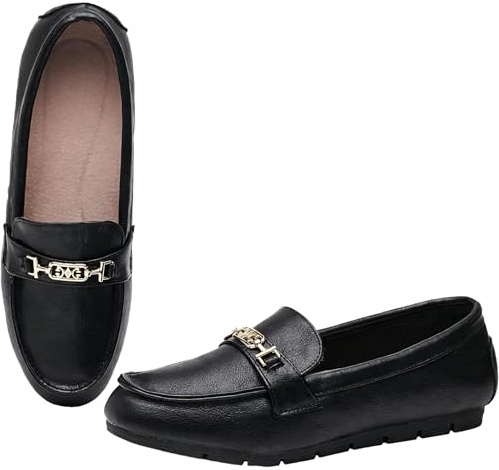 XRKJ Loafers for Women Comfortable Slip On Flats with Memory Foam Insole for Daily Wearing (Black Leather 8)