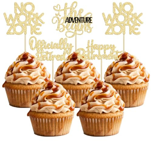 24Pcs Happy Retirement Cupcake Toppers Officially Retired Cake Toppers No Work Zone Adventure Begins Cupcake Picks Retirement Theme Farewell Birthday Party Cake Decorations Supplies Gold