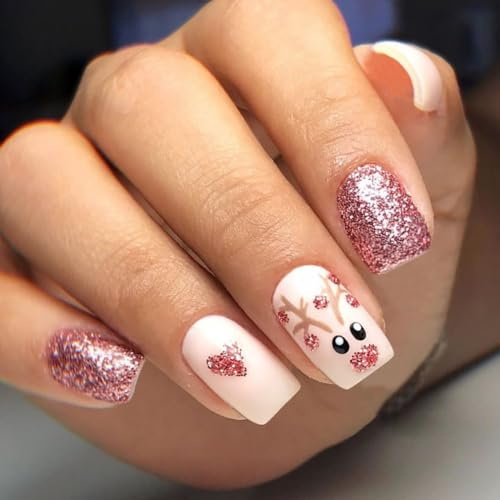 Carufin 24 Pcs Weihnachtspresse auf Nägel Kurze gefälschte Nägel Rote und weiße Streifen Acrylnägel Nette Elch Schneeflocke Volle Abdeckung Falsche Nägel Weihnachtsnagel (A)