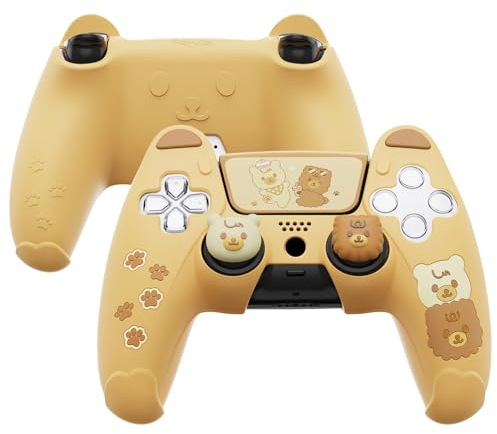 PlayVital Coque pour ps5 Manette Housse Silicone Protection avec Capuchon pour ps5 et Autocollant Sticker Accessoire Protège Compatible Station de Charge,Ours Design-Jaune & Brun