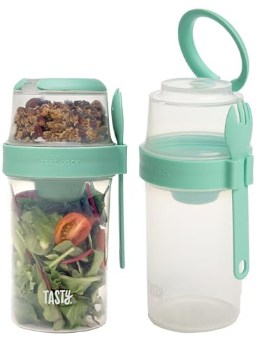 Tasty Salad Shakers with Sporks, Bring Salads and Snacks to Go, All-In-One Container, Convenient Carry Handle, Separate Compartments, 2-Pack Set, Aqua