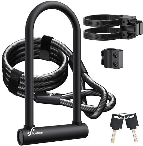 Sportneer Bike Lock, 18mm Heavy Duty Bike U Lock Plus Size with 6Ft/1.8M High Security Steel Cable&Adjustable Mounting Bracket&Key Anti Theft Secure Locks for Bikes, E-Bikes, Motorbikes, 9.5 x 4 in