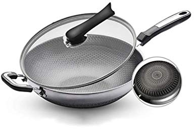 OQHAIR Wok para inducción Wok Plano de Acero Inoxidable 304, sartén Antiadherente para saltear en casa, Estufas de Gas sin Recubrimiento, Cocina de Inducción, Olla Especial
