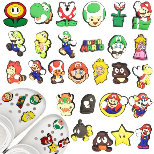 Schuh Charms für Clogs, 27pcs Schuhanstecker Cartoon Super Bros Schuhanhänger, DIY Schuh Pins Stecker Aufstecker Anstecker Set, Abnehmbare PVC Shoe Deko Zubehör für Kinder Jugendliche Erwachsene