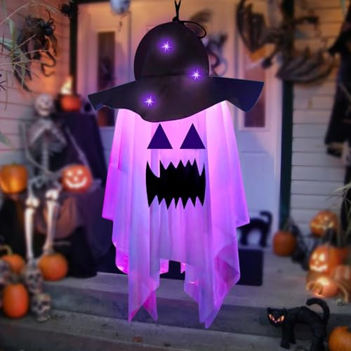 Halloween Deko Garten, 105 * 35cm Windsäcke Groß, Windsäcke Geist Outdoor Hängend Glühender Geisterhut, Windsäcke Hängen Ghost Windsock Flag mit LED Lichterkette, Scary Windsack für Halloween Garten
