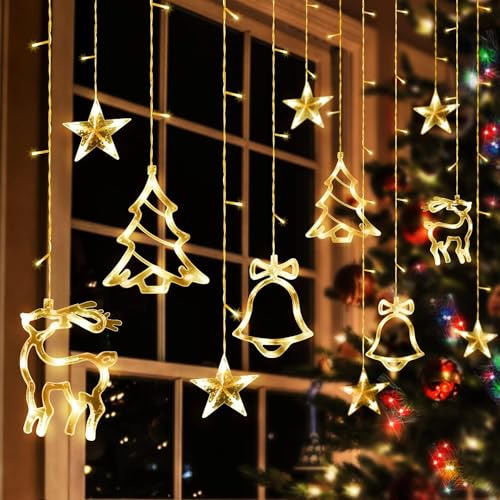 Woukksy Rideau Lumineux Noel 3,5m Guirlande Lumineuse Noel Pile/USB, 8 Modes Guirlande Rideau Lumineuse pour Deco Noel Interieur Exterieure Fenêtre, Mariage, Chambre, Balcon, Blanc Chaud