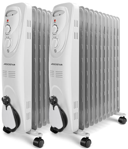 Aigostar Pangpang - 2300W Ölradiator energiesparend Heizkörper mit 11 Rippen, Radiatoren Elektrisch Heizung mit Thermostat, 3 Heizstufen, Elektroheizung Mobiler Ölgefüllte Heizkörper, 2 Pack