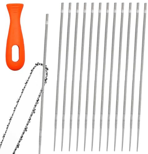 12 Stück Feile für Kettensäge, Feilenset 4,0 mm, Rundfeile mit Griff, Nadelfeilen Set, Kettensäge Feilen zum Instandsetzen und Schärfen Kettensägen