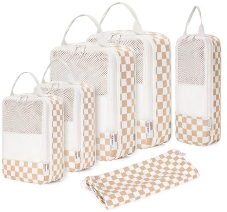 Narwey 6 Teilige Koffer Organizer Set, Compression Packing Cubes Backpack Packwürfel Rucksack Kofferorganizer Packtaschen Set Kompression für Koffer, Travel Essentials Organizer (Checker Helles)