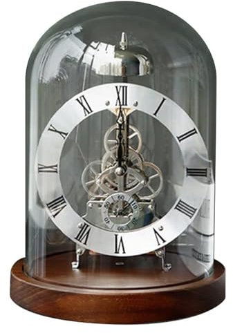 THYXGS Mechanical Vintage Glass Dome Clock, Quartz Mechanical Retro Transparent Desk Clock, Wood Base, Hourly Chime with Silent Option, Home Decor