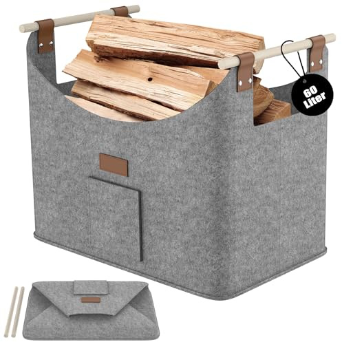 PEILU 2 Stück Groß Filz Holzkörbe 60 Liter Faltbare Einkaufstaschen | Multifunktion Kaminholztasche mit Holzgriff Vliesstoff Aufbewahrung Tasche bis 40KG für Brennholz Einkaufen (Dunkelgrau)