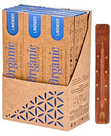 Organic Masala Indische Räucherstäbchen Set - 12 x Lavendel - Big Box mit Räucherstäbchenhalter aus Holz und Duftproben - Song of India