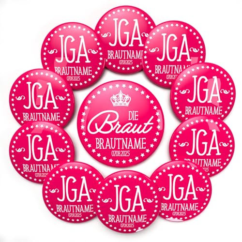 JGA Buttons Set, 10 Stück, Personalisierte Braut und Team-Anstecker, Pink mit Krone und Sternen, 07.08.2025