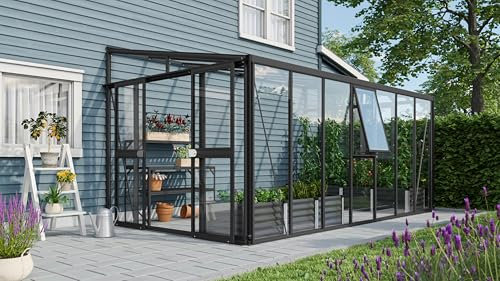 Vitavia Anlehn-Gewächshaus Athena 11900, schwarz, 11,9 m², 3 mm ESG, 10 mm HKP | Wetterfestes & stabiles Wand-Gewächshaus zur Pflanzenanzucht | Ideales Treibhaus für Gemüse, Kräuter & Blumen