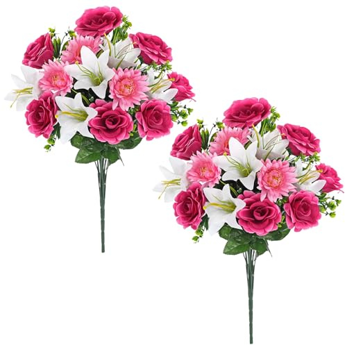Briful 2-pack Artificial Flowers for Graves, Pink Lily Flower Bouquet Silk Flowers Fuchsia Artificial Roses Like Real, Faux Chrysanthemum Flower for Indoor Outdoor Decorations