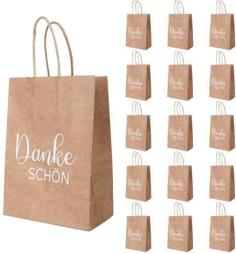 15 Stück Dankeschön Geschenktüten „Danke SCHÖN“ Kraftpapier tüten | Papiertüten 15x8x21cm/5.9x3.15x8.27in, Mitgebsel Tüten Wiederverwendbare für Gastgeschenke Hochzeit, Party, Geburtstag