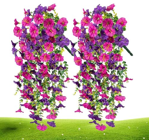 Petunias realistiska konstgjorda blommor – 2 x konstgjorda konstgjorda konstgjorda växter i konstverk, simulerade UV-beständiga väderbeständiga färgglada växter för vasgryta trädgård uteplats gångväg