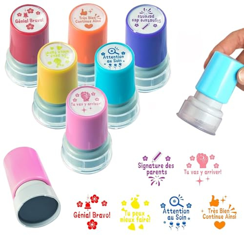 KBIBCK KBIBCK Französischer Lehrer-Tintenstempel, 6 Stück Tampons Encreurs Enseignants Français, Kindergarten-Lehrer-Stempel mit Box für Lehrer pour Cadeau Professeur Tampon Ecole