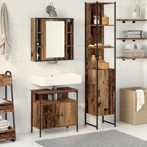 Qnhdfrt Armadietto da bagno con lavabo integrato, look usato, in legno naturale, con specchio e scaffali, per piccoli bagni, mobili da bagno vintage