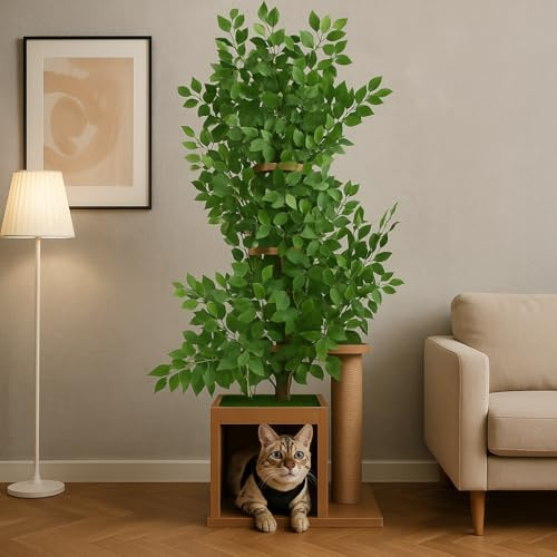 Kratzbaum groß für Katzen – Natur-Design Kletterbaum mit Höhle & Liegeflächen – Stabiler mehrstöckiger Katzenbaum mit Sisalpfosten & Katzenmöbel – Robust & pflegeleicht – Grün