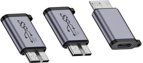 WLGQ USB 3.0 Micro B Male to Type C Female Adapter - 10Gbps Converter for External Hard Drive, SSD, Camera - Plug & Play, Shielded (Gray, 3-Pack)