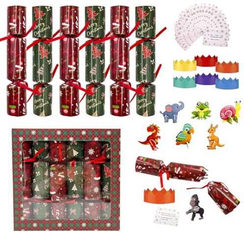 Daily Treasures Weihnachtsknaller, 6-teilig mit Tier-Puzzles, Knallbonbons für Partyspiele, außergewöhnliche Festliche Weihnachtsdekoration mit Witziger Partyhut & Überraschungen (Rot/Grün)