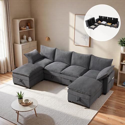 Sofá seccional de 6 plazas en Forma de U con Puerto USB y Espacio de Almacenamiento,sofá esquinero en Forma de L con reposapiés extraíble y portavasos,sofás con Bolsillos Laterales,Pana,Gris Oscuro